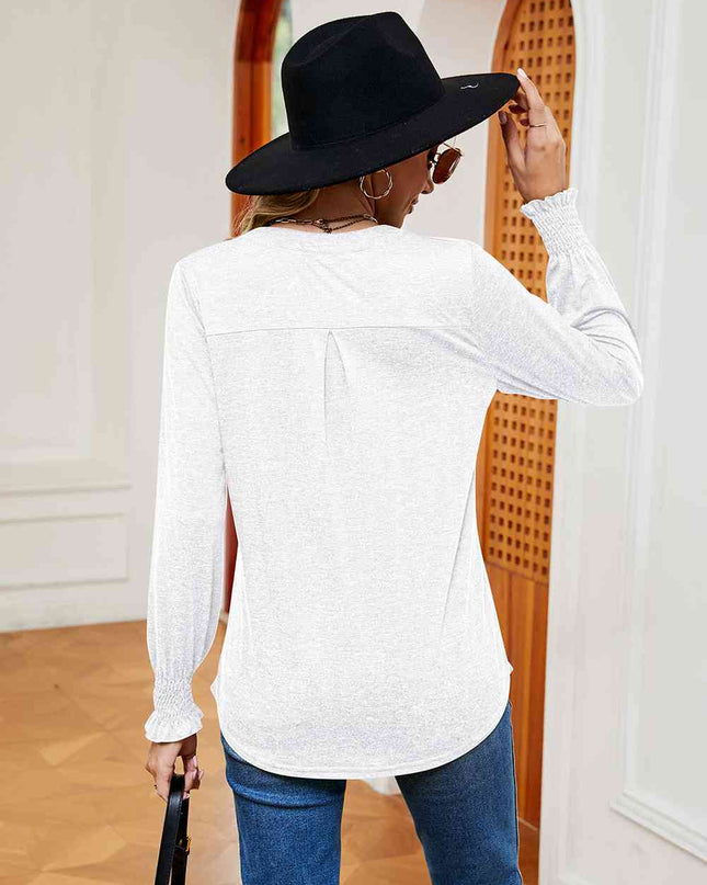 Notched Neck Long Sleeve Blouse