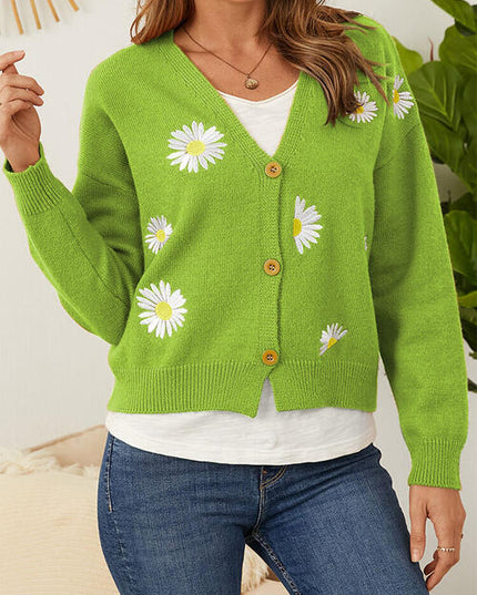 Flower Button Front Dropped Shoulder Cardigan