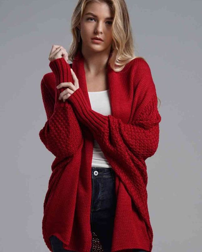 Double Take Dolman Sleeve Open Front Ribbed Trim Longline Cardigan