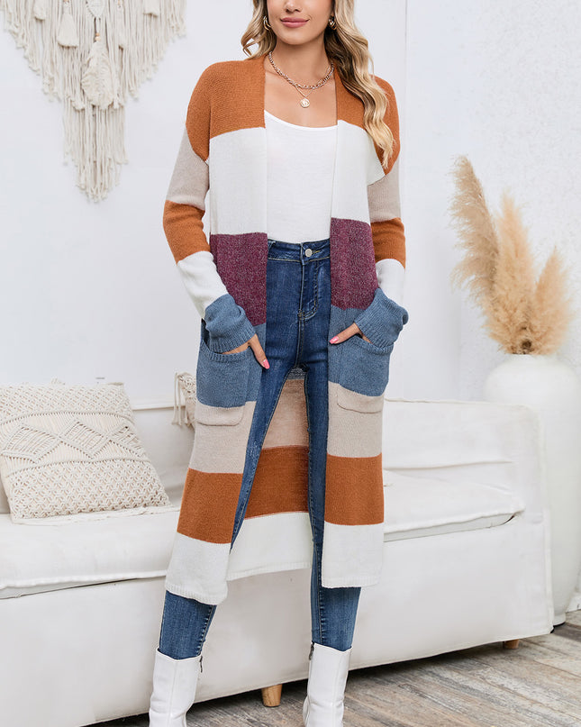 Long Color Block Open Front Pocketed Cardigan