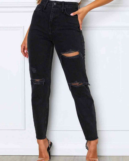 Distressed High Waist Straight Jeans
