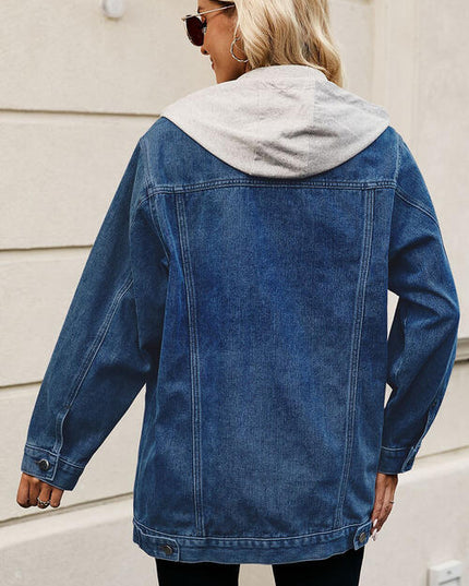 Drawstring Button Up Hooded Denim Jacket