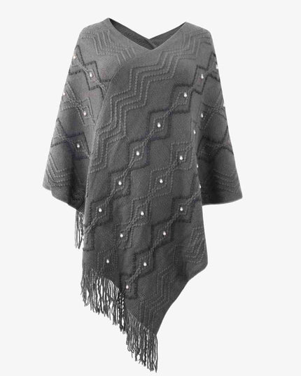 Pearl Trim V-Neck Fringe Hem Poncho