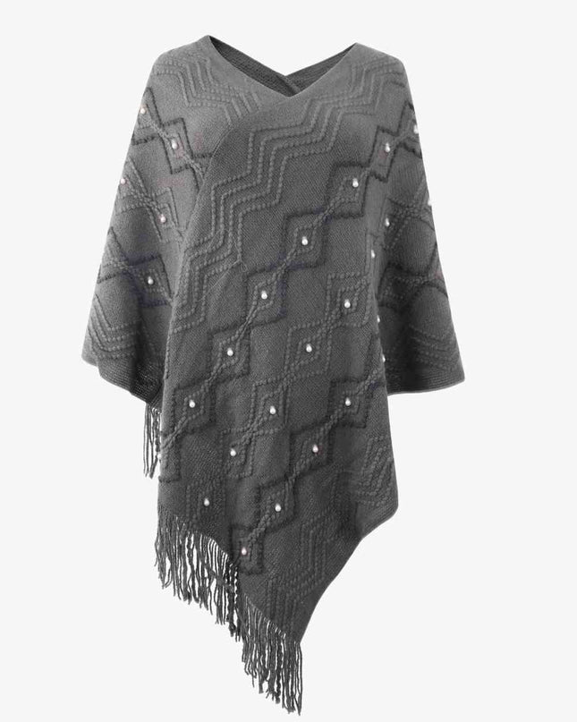 Pearl Trim V-Neck Fringe Hem Poncho