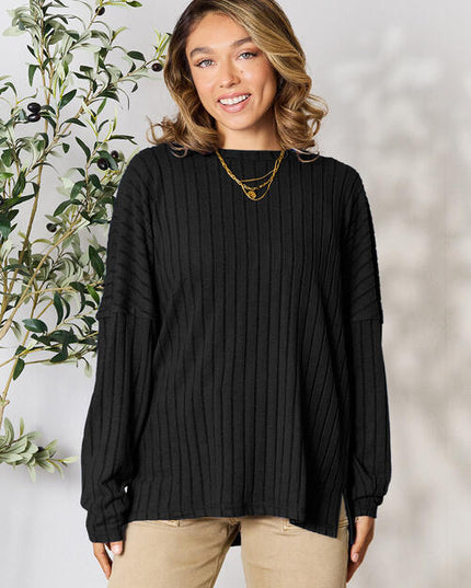 Basic Bae Full Size Ribbed Round Neck Slit Knit Top
