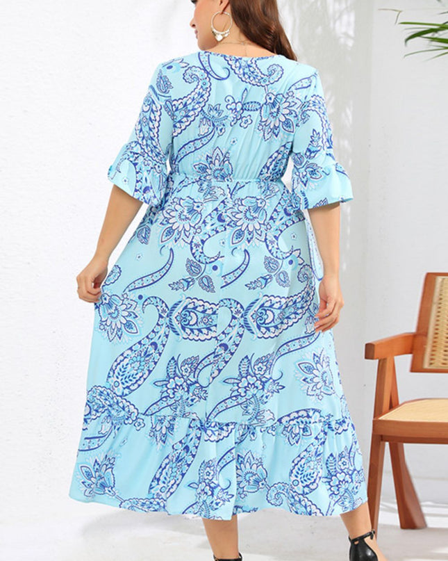Full Size V-Neck Flounce Sleeve Midi Dress
