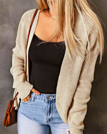 Open Front Drop Shoulder Rib-Knit Cardigan