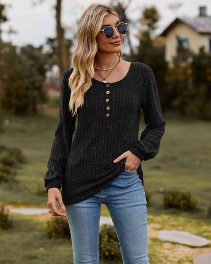 Round Neck Button-Down Long Sleeve Tee