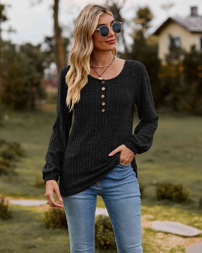 Round Neck Button-Down Long Sleeve Tee
