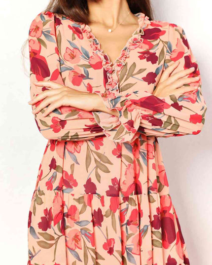 Double Take Floral Frill Trim Flounce Sleeve Plunge Maxi Dress