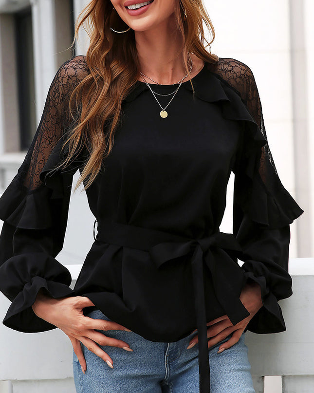 Round Neck Front Tie Flounce Sleeve Lace Cap Blouse