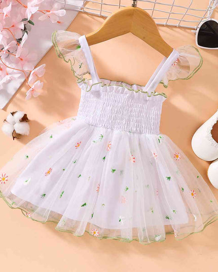 Embroidered  Square Neck Smocked Dress