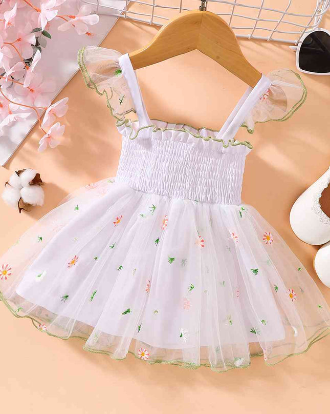 Embroidered  Square Neck Smocked Dress