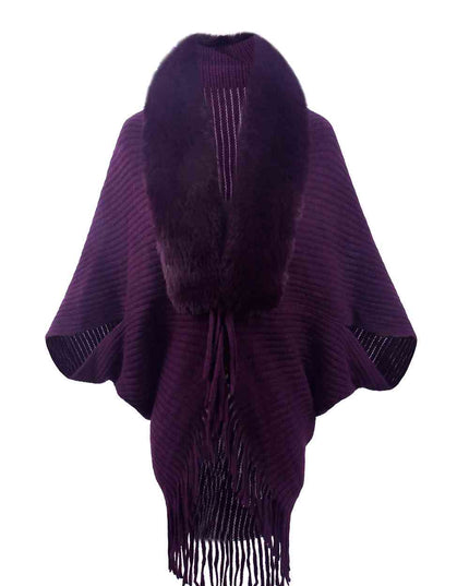 Fringe Detail Long Sleeve Ribbed Poncho