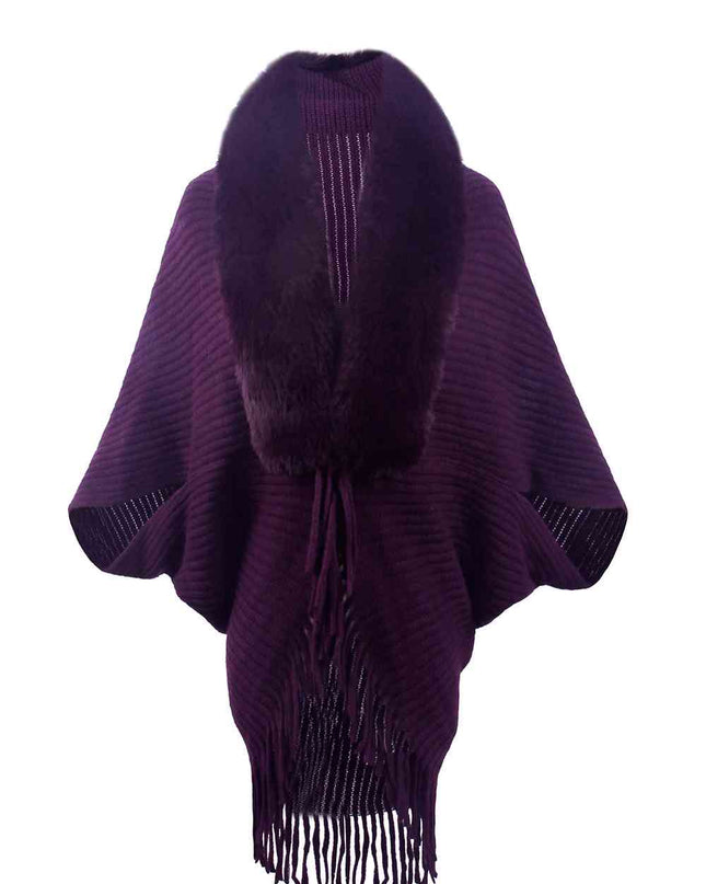 Fringe Detail Long Sleeve Ribbed Poncho