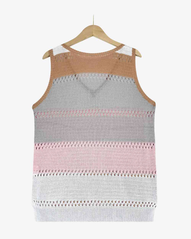 Striped Openwork V-Neck Knit Tank