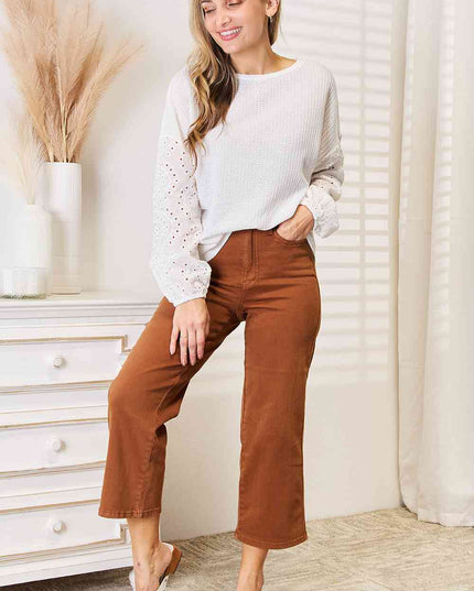 Double Take Eyelet Dropped Shoulder Round Neck Blouse