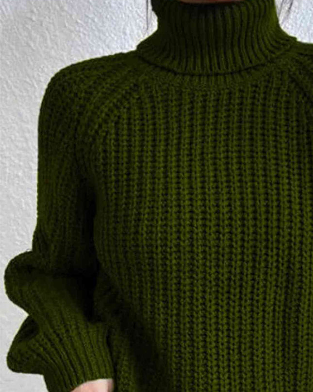 Full Size Turtleneck Rib-Knit Slit Sweater
