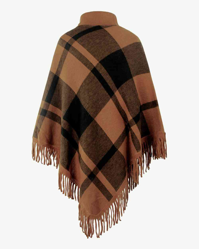 Plaid Turtleneck Fringe Hem Poncho