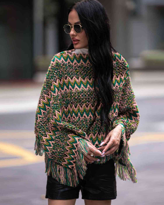 Fringe Hem Boat Neck Poncho