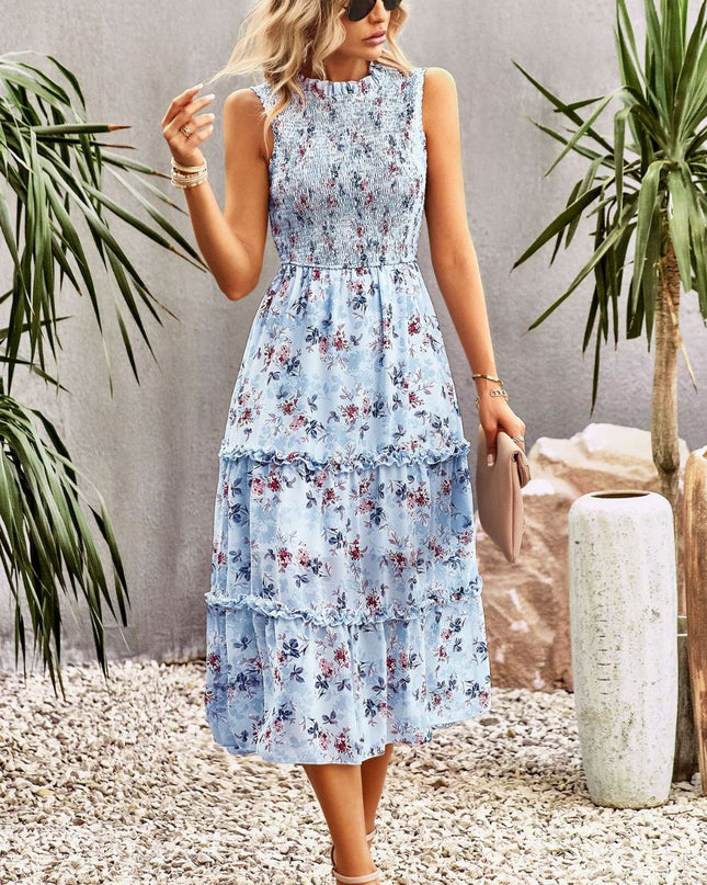 Frill Trim Smocked Sleeveless Midi Dress