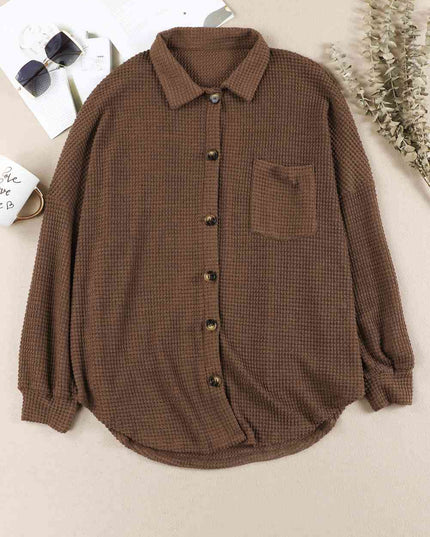 Waffle-Knit Button Up Long Sleeve Shirt with Pocket