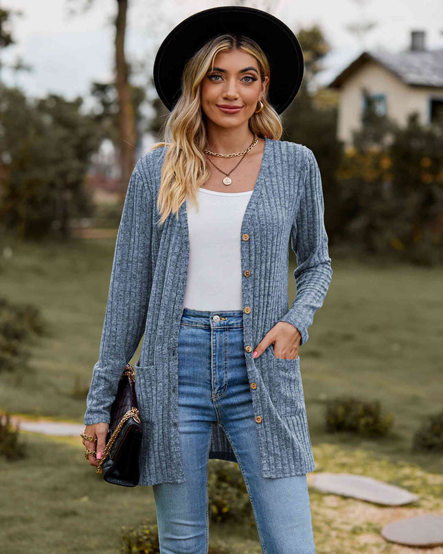 Ribbed Button-Up Cardigan with Pockets