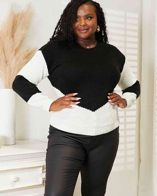 Woven Right Two-Tone Openwork Rib-Knit Sweater