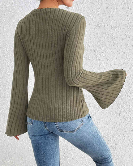 Ribbed Round Neck Flare Sleeve Top