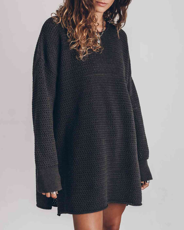 Openwork Round Neck Long Sleeve Slit Sweater