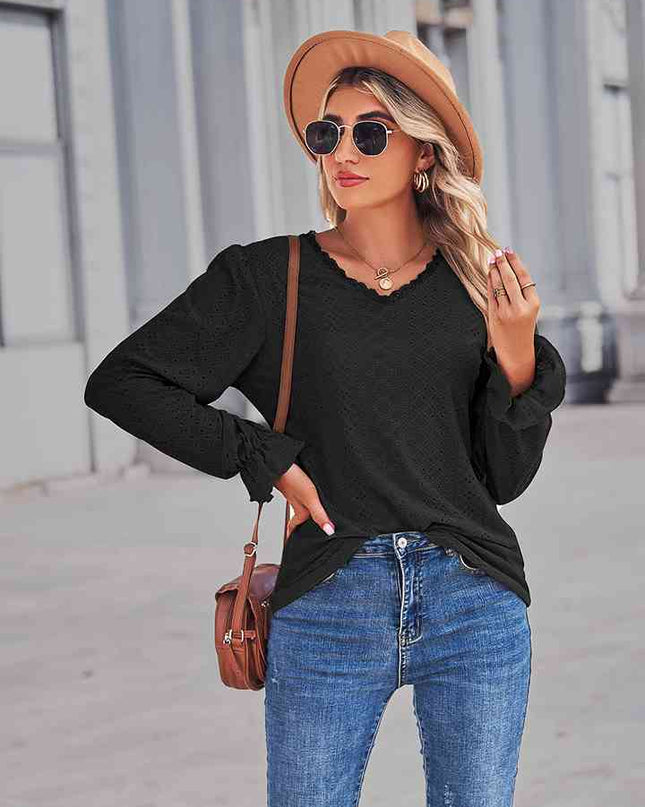 Eyelet V-Neck Flounce Sleeve Blouse