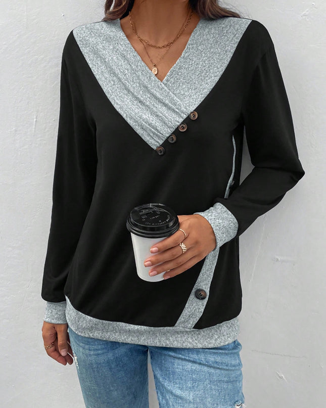 Contrast V-Neck Decorative Button Top