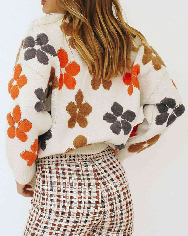 Floral V-Neck Button Up Long Sleeve Cardigan