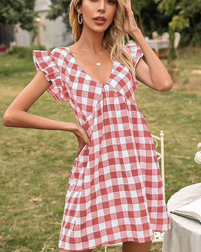 Plaid Butterfly Sleeve Deep V Dress