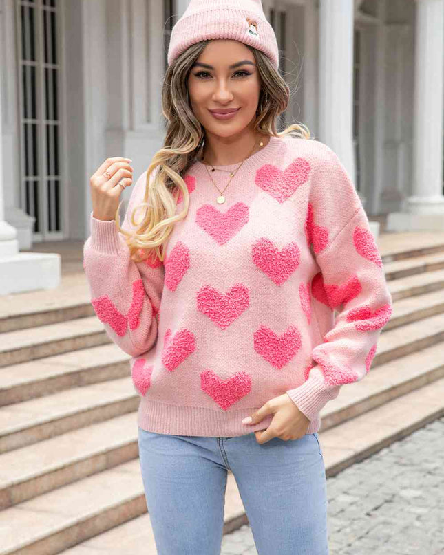 Round Neck Dropped Shoulder Sweater with Heart Pattern