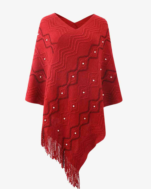 Pearl Trim V-Neck Fringe Hem Poncho