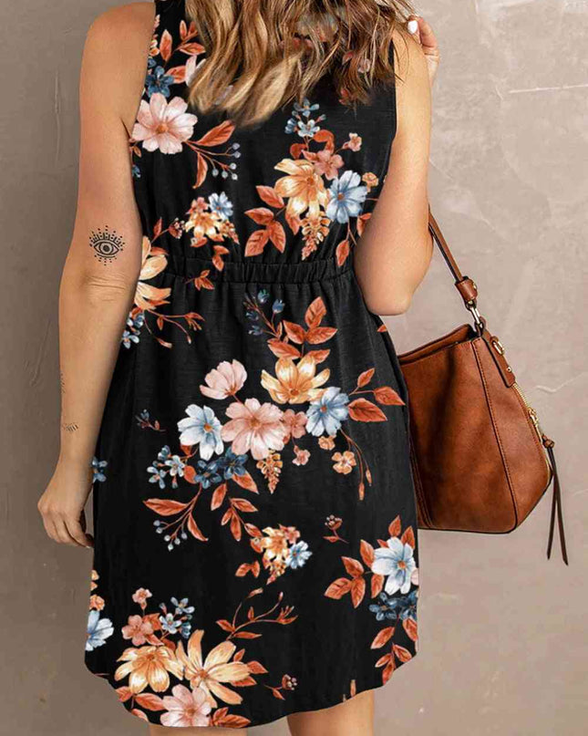 Double Take Printed Scoop Neck Sleeveless Buttoned Magic Dress with Pockets