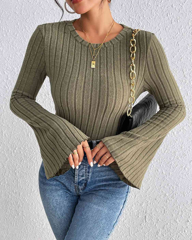 Ribbed Round Neck Flare Sleeve Top