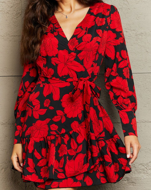 Floral Print Surplice Neck Tie Waist Dress