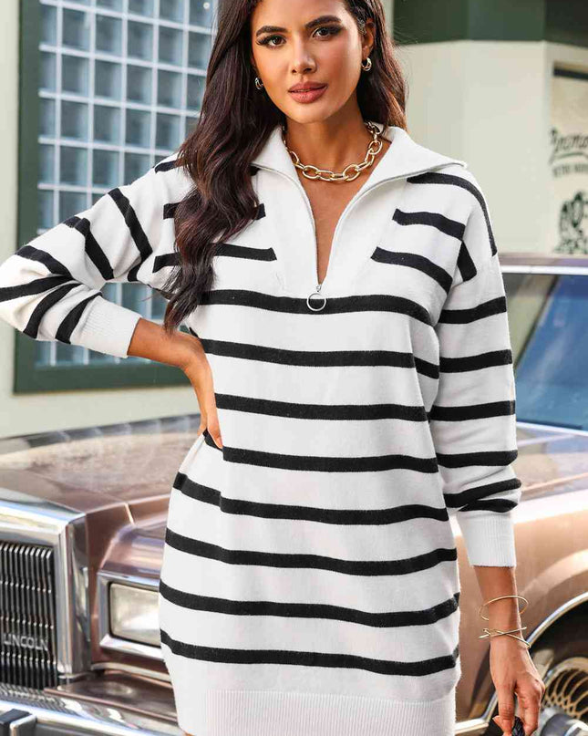 Striped Quarter-Zip Collared Sweater Dress