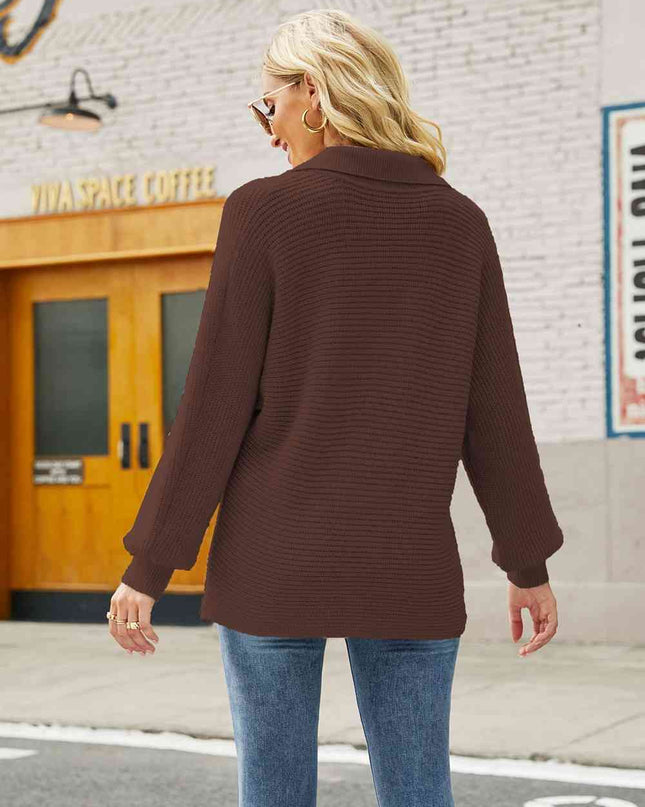 Double Take Horizontal Ribbing Johnny Collar Sweater