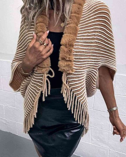 Striped Open Front Fringe Poncho