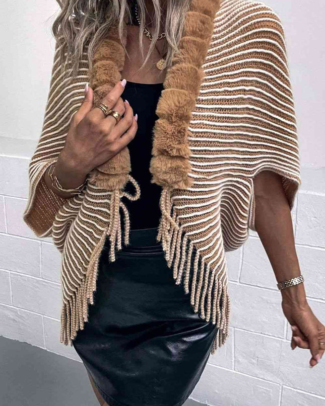 Striped Open Front Fringe Poncho