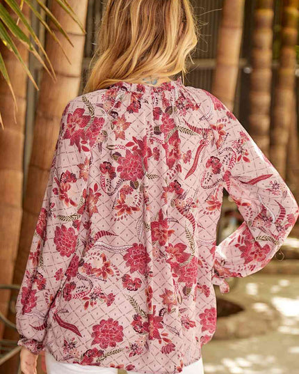 Floral Tie Neck Flounce Sleeve Blouse