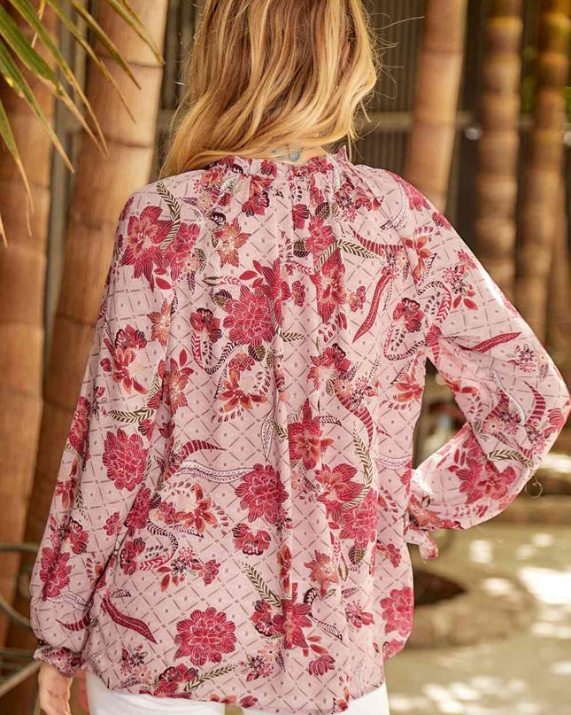 Floral Tie Neck Flounce Sleeve Blouse