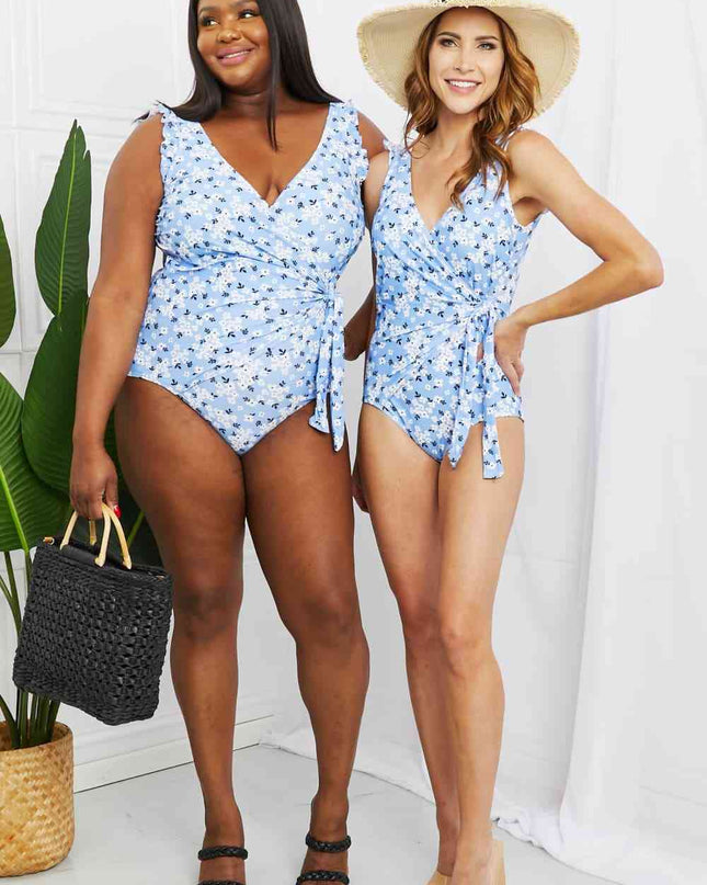 Marina West Swim Full Size Float On Ruffle Faux Wrap One-Piece in Blossom Blue