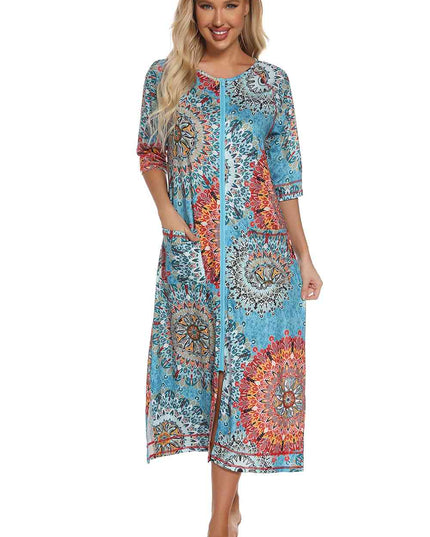 Printed Slit Night Dress with Pockets