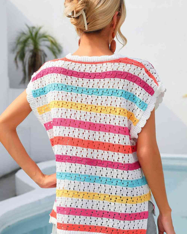 Striped V-Neck Slit Cover Up