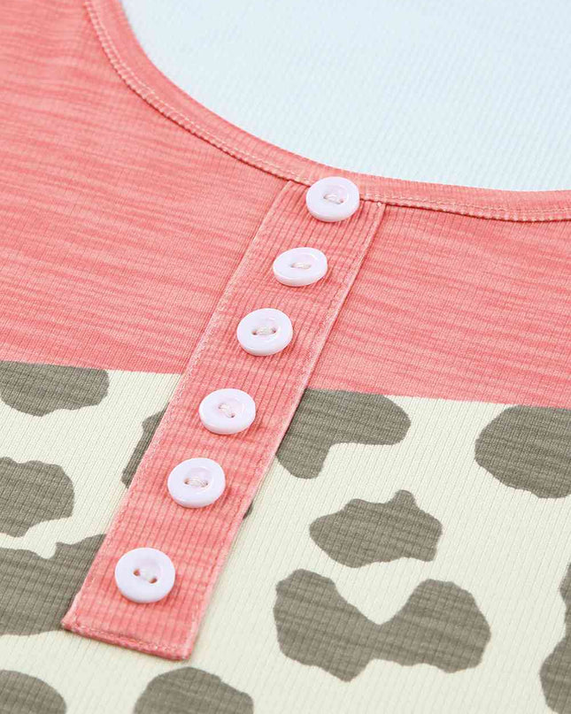 Leopard Color Block Decorative Button Tank