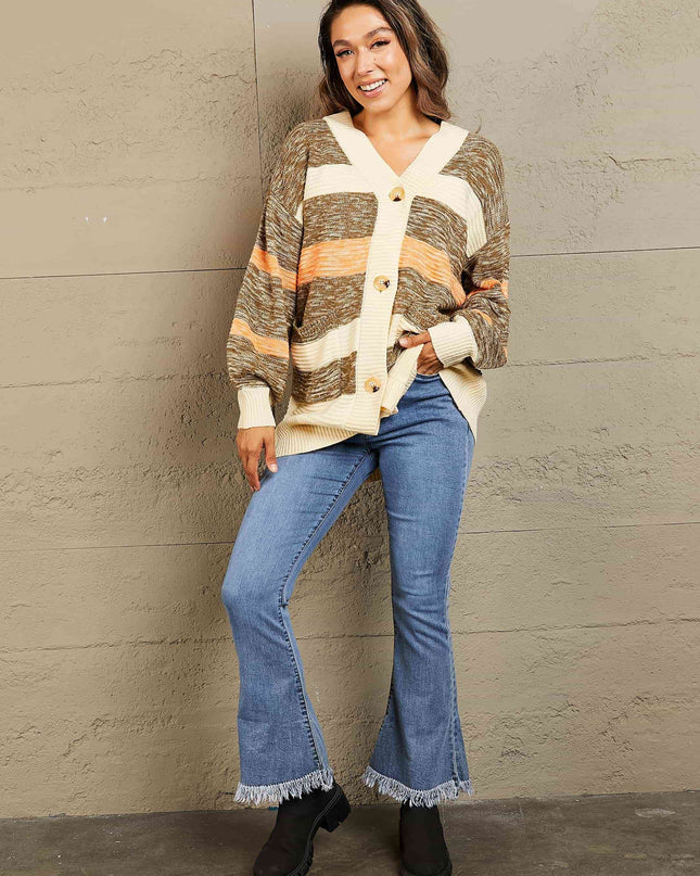 Woven Right Striped Button Down Longline Cardigan with Pockets